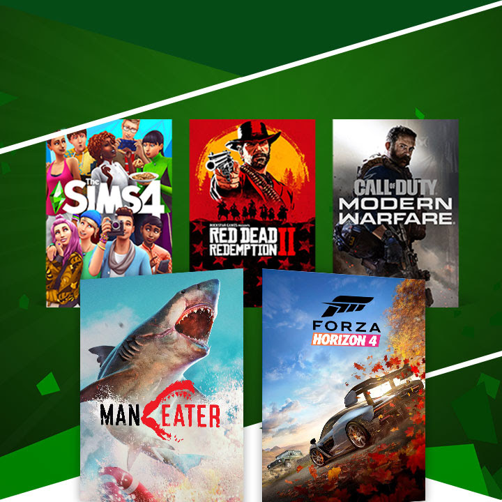 Cover art for The Sims 4, Red Dead Redemption 2, Call of Duty: Modern Warfare, Maneater, and Forza Horizon 4