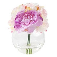 Peony floral arrangement with glass vase in pink