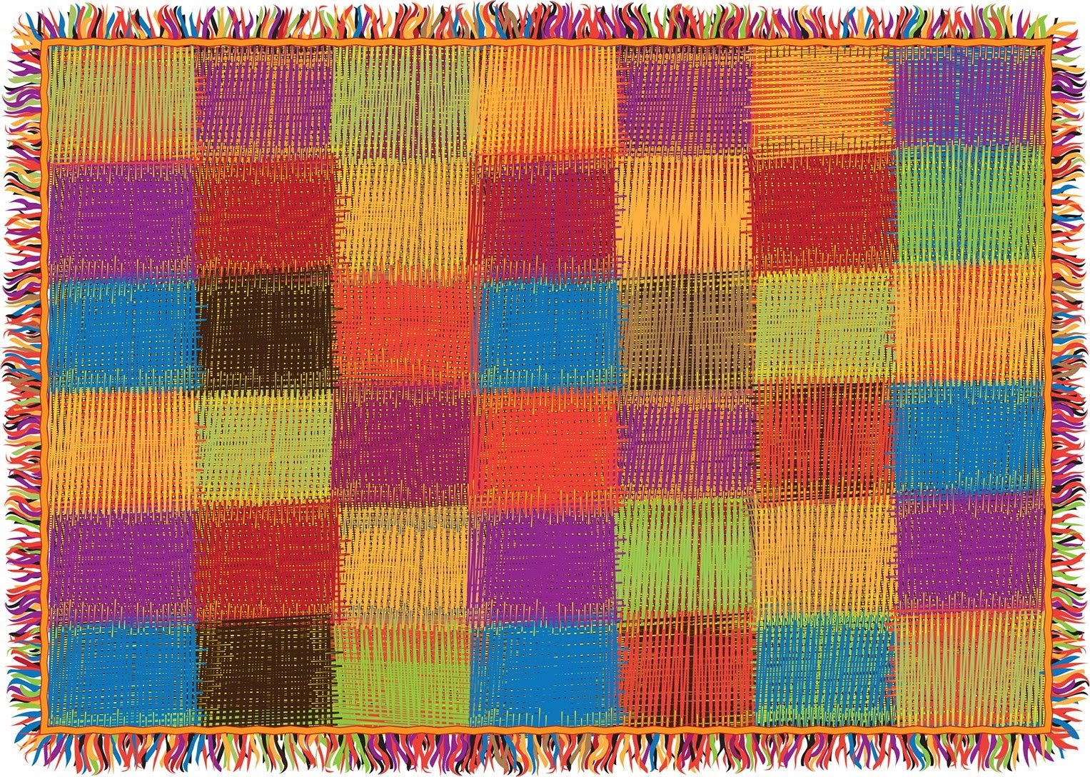 A brightly coloured, patchwork, woven rug.