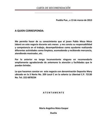 Carta De Recomendación Niñera - x Carta De