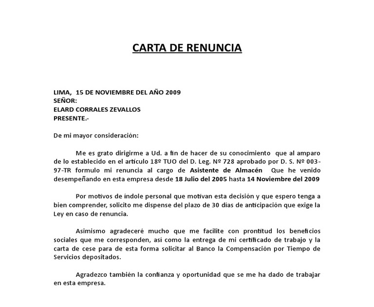 Carta De Renuncia Y Agradecimiento Colombia  New Sample m