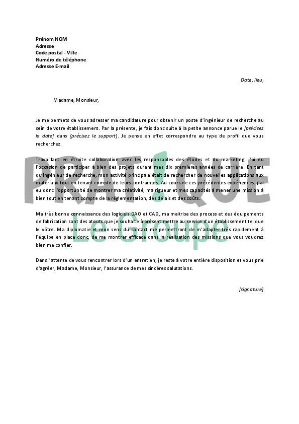 Sample Cover Letter: Exemple De Lettre De Motivation Réponse à Une