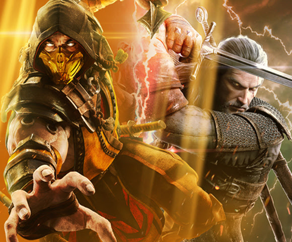 Mortal Kombat 11's Scorpion and Geralt in The Witcher demonstrating their powers.