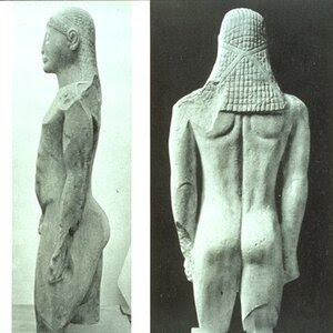 Many ancient statues, such as this one from Greece, display a J-shaped spine. The statue's back is nearly flat until the bottom, where it curves so the buttocks are behind the spine.
