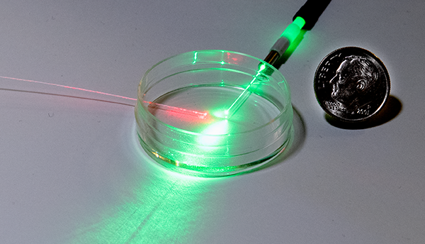 Wires shine green and red light into petri dish for pH sensing, with dime for size.