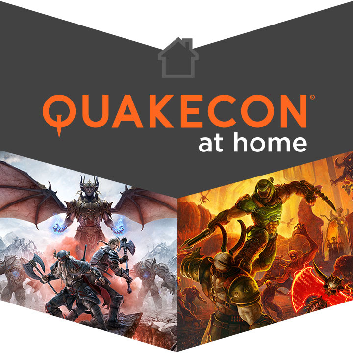 The QuakeCon at home logo above key art for The Elder Scrolls Online: Greymoor and DOOM Eternal