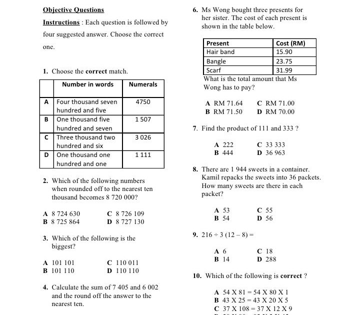 Contoh Soalan Algebra Tingkatan 1 - Selangor t