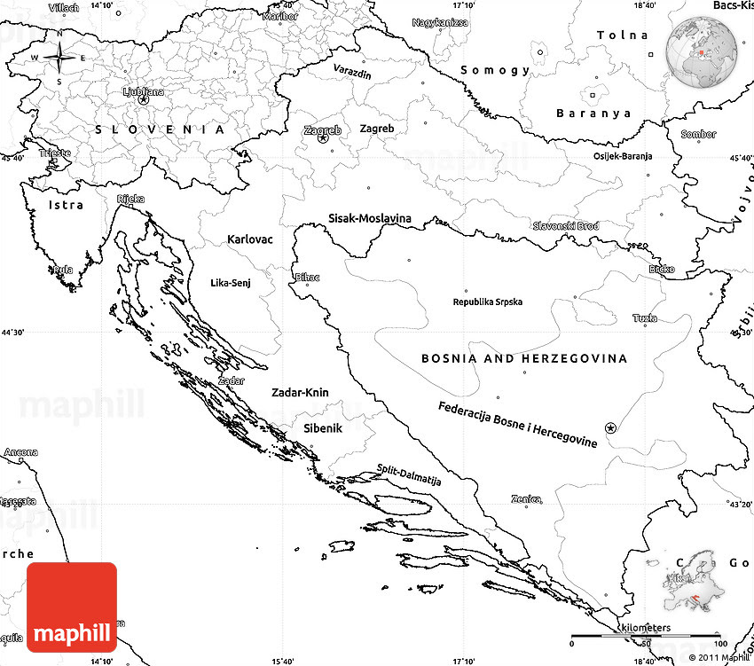Physical map of croatia showing major cities, terrain, national parks, rivers, and surrounding countries with international borders and outline maps. Blank Simple Map Of Croatia