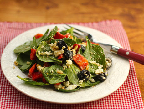 Spinach salad recipes are surprisingly diverse. The Perfect Pantry Recipe For Spinach Salad With Bell Pepper Olives Feta And Pine Nuts Vegetarian Gluten Free