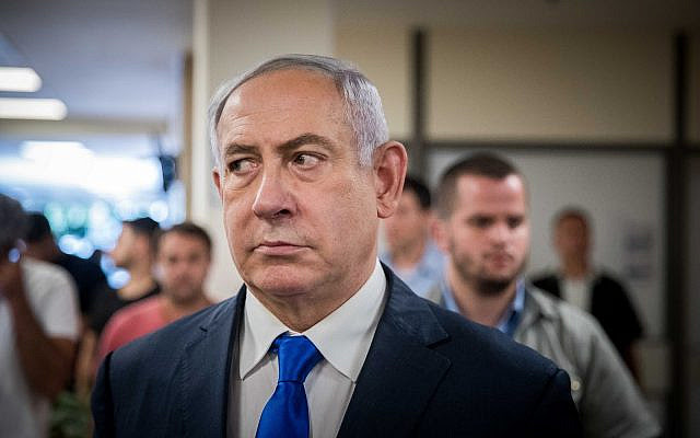 Prime Minister Benjamin Netanyahu gives a press statement in the Israeli parliament on September 15, 2019, a few days before the Israeli elections. (Yonatan Sindel/Flash90)