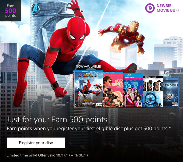Just for you: Earn 500 points. Earn points when you register your first eligible disc plus get 500 points.*