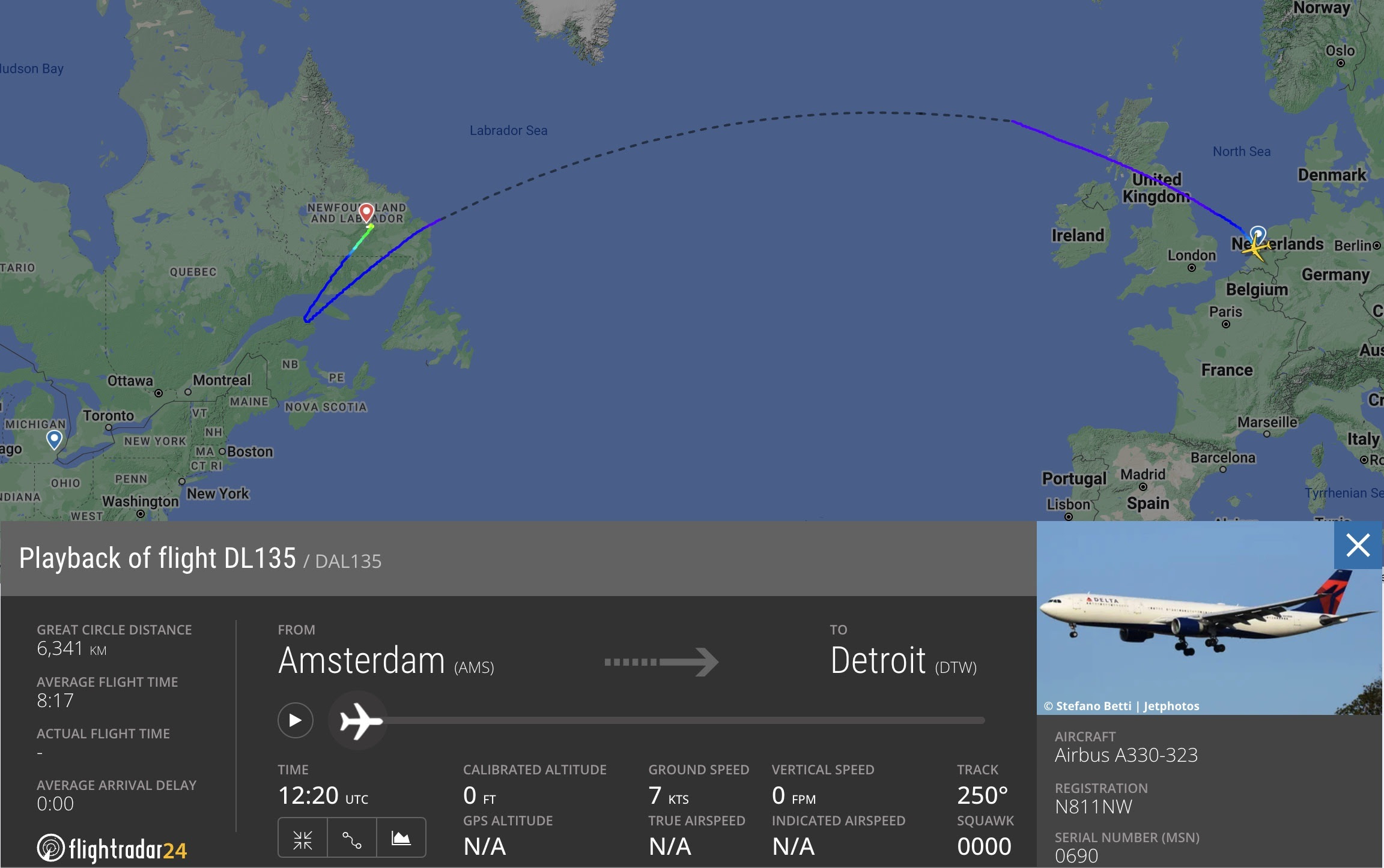 DL135 flight path from Amsterdam to Detroit with a diversion to Goose Bay