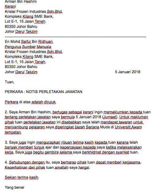 Contoh Surat Balasperletakan Jawatan