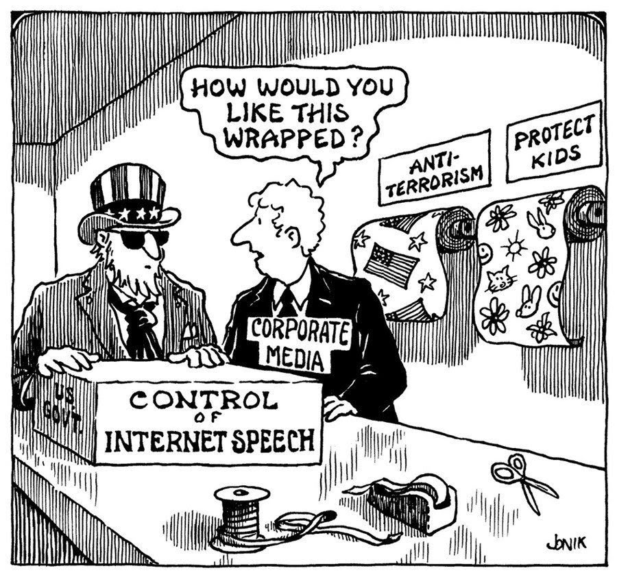 Cartoon showing Uncle Sam conniving with big media to control free speech.