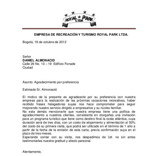 Carta De Agradecimiento A Clientes De Un Hotel - j Carta De