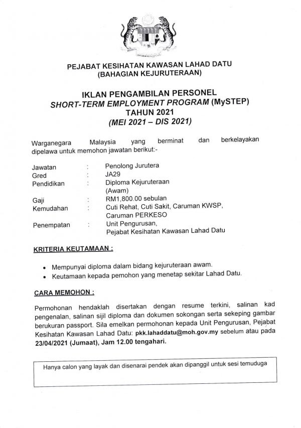 Pejabat kesihatan kawasan, 91120 lahad datu, sabah, malaysia Jawatan Kosong Pejabat Kesihatan Kawasan Lahad Datu Jawatan Kosong Terkini