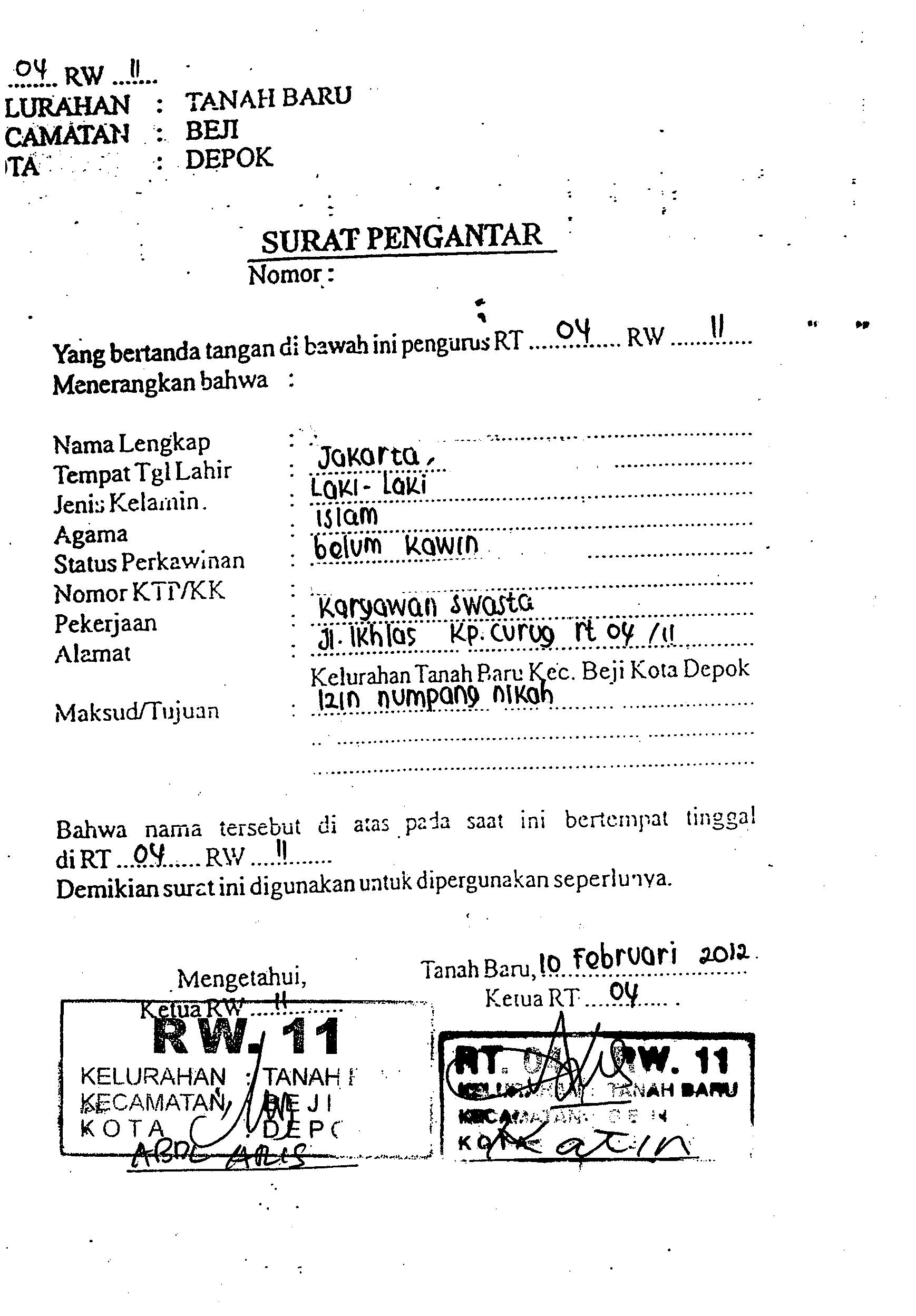 Surat Pengantar Pindah Nikah Dari Rt  Kumpulan Contoh Surat