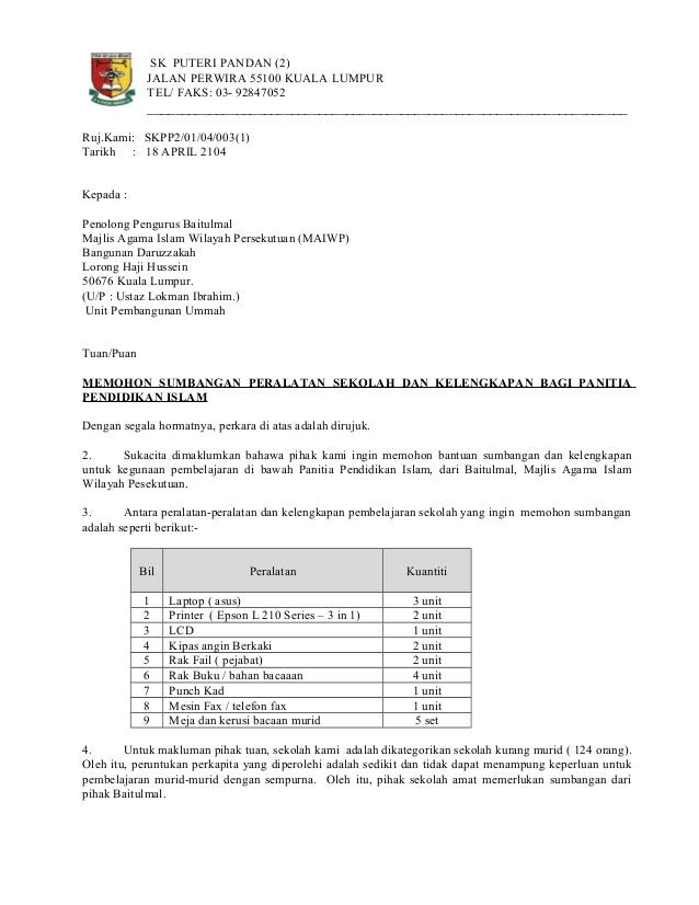 Surat Rasmi Memohon Sumbangan Derma - Surat Rasmi O