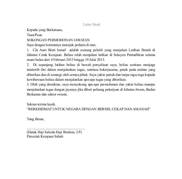 Contoh Surat Rasmi Sokongan - Surat Rasmi G