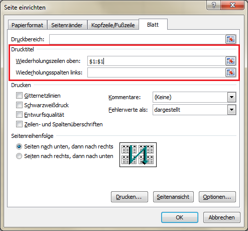 Dieser wird ihnen mit gestrichelten linien angezeigt. Excel Tabellen Drucken Drucktitel Festlegen