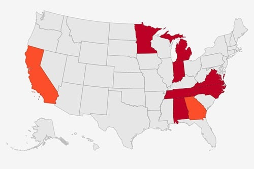 map of united states with nine states shaded