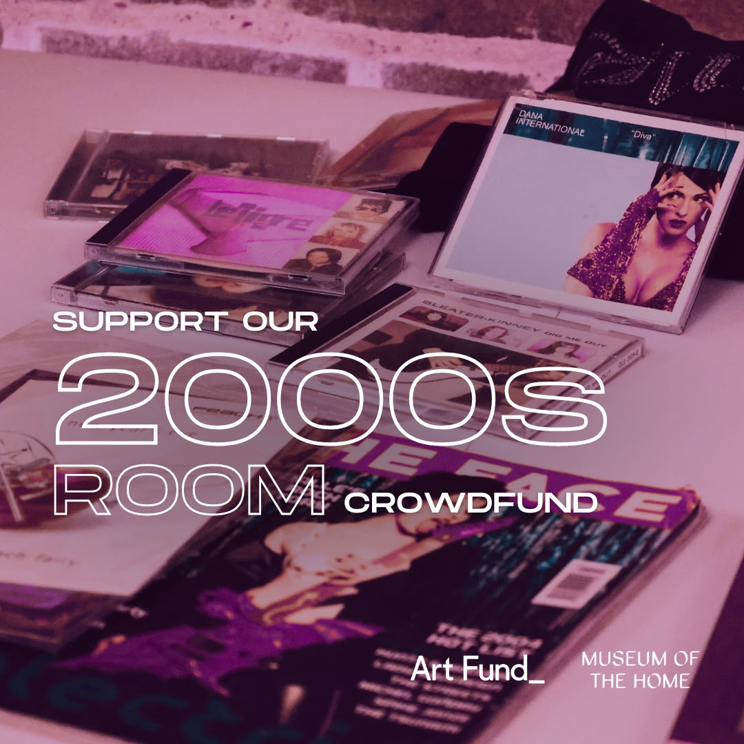 a purple photo of 2000s relics and the words 'support our 2000s room crowdfund'