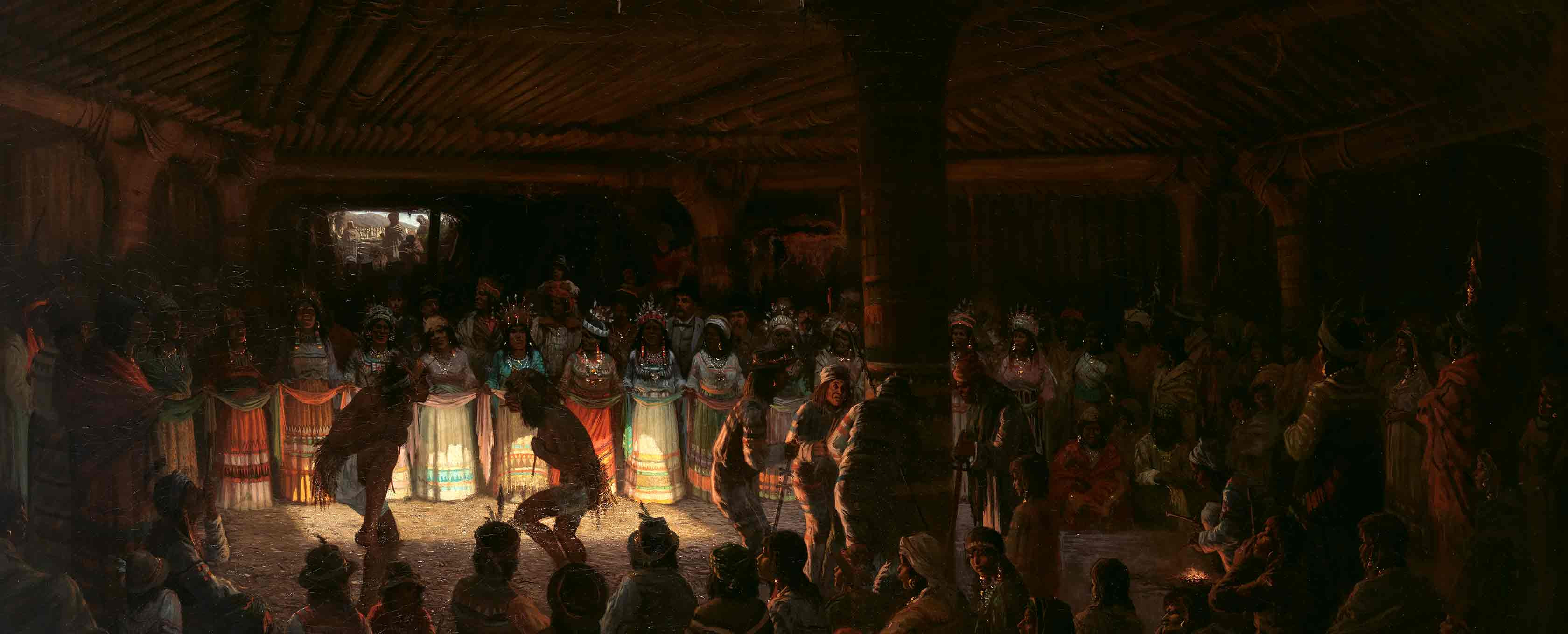 Dentro de um interior mal iluminado estão quase cem figuras, incluindo dançarinos, músicos e artistas Pomo, bem como espectadores não-nativos.