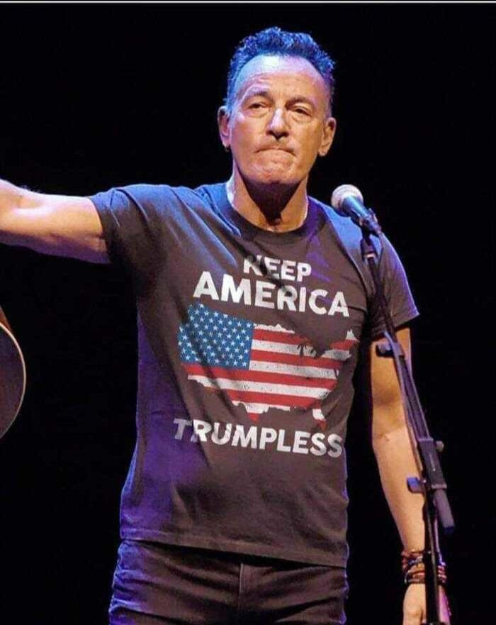 Bruce Springsteen wearing hate Trump T-shirt.