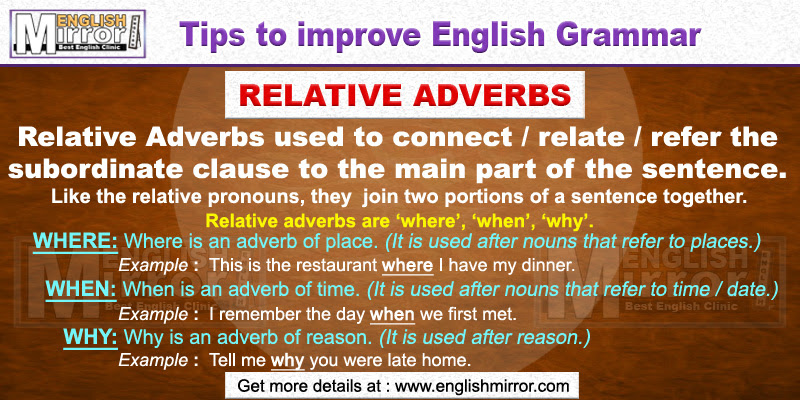 Adverbs of time mainly modify verbs and tell us when something happens. Relative Adverbs Used To Connect The Subordinate Clause To The Main Part Of The Sentence English Mirror