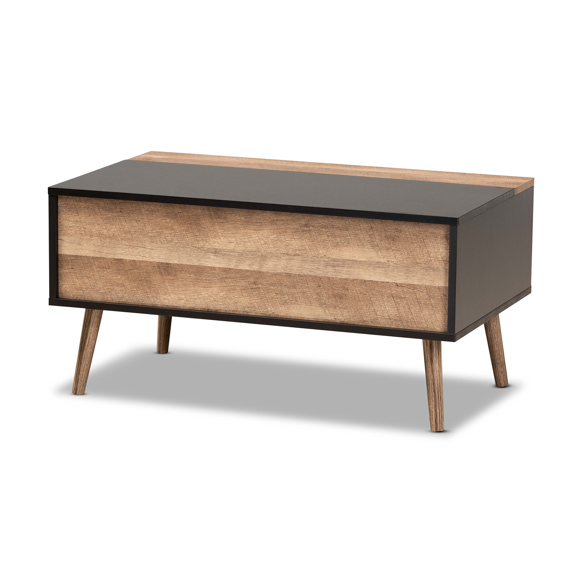 Supported by a sleek steel frame, this coffee table boasts a smooth wood tabletop and bottom shelf. Baxton Studio Jensen Modern And Contemporary Two Tone Black And Rustic Brown Finished Wood Lift Top