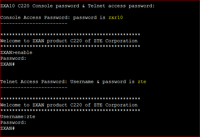 Username dan password standart wifi zte : Zxa10 C220 Console Password Telnet Access Password