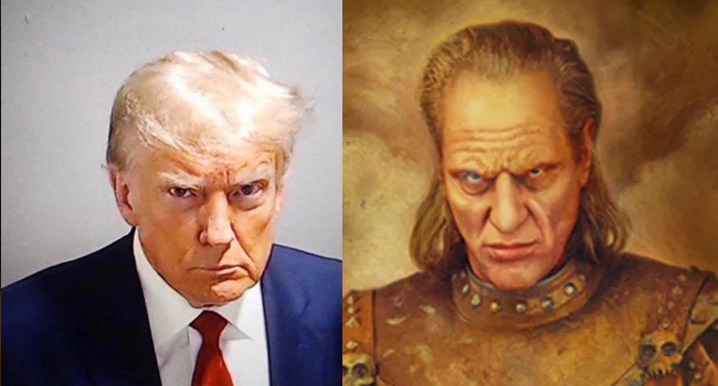 Trump mugshot meme. Trump cpmpared to some evil villain.