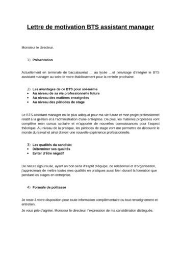 Lettre De Motivation Bts Assistant Manager Employment Application