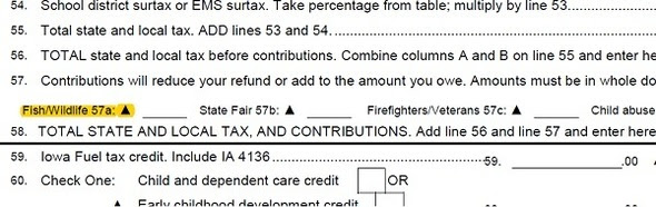 Screenshot of Iowa 1040 Tax For showing line 57, the tax check-off line