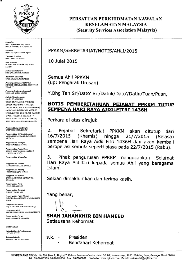 Contoh Surat Notis Tutup Kedai