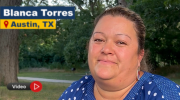 A woman in a polka-dot tee shirt smiles at the camera. Text reads: Blanca Torres, Austin, TX. Video. 