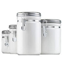 4 piece ceramic clamp top canister set in white