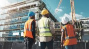 Three construction workers in safety gear look at a site with a building under construction and a crane above it. 
