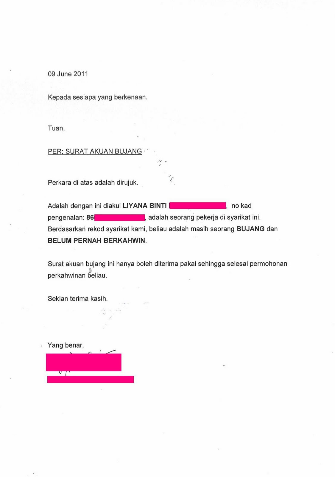 Contoh Surat Rasmi Akuan Bujang - FRasmi