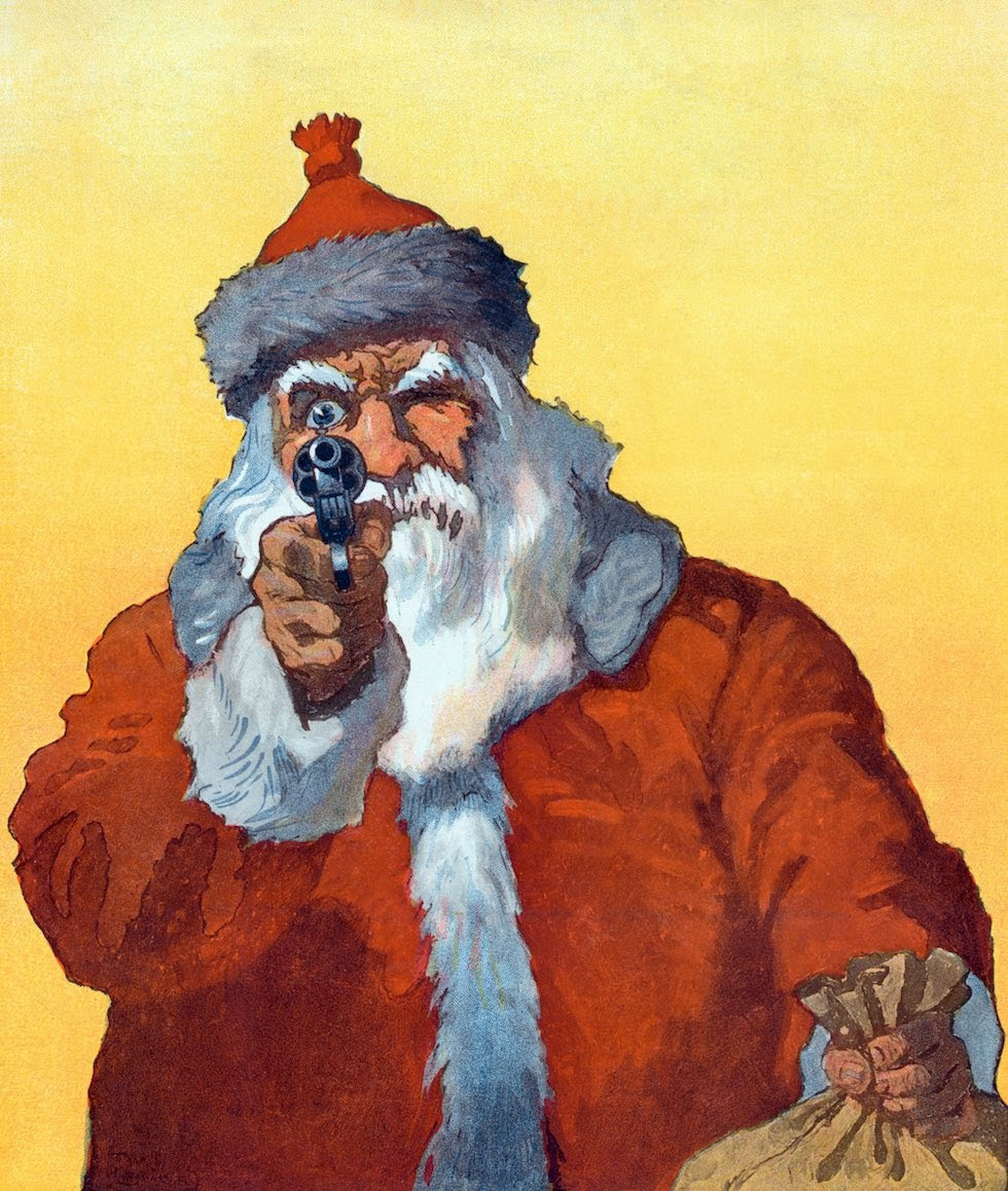 Vintage Christmas Card art 12 Santa with a gun