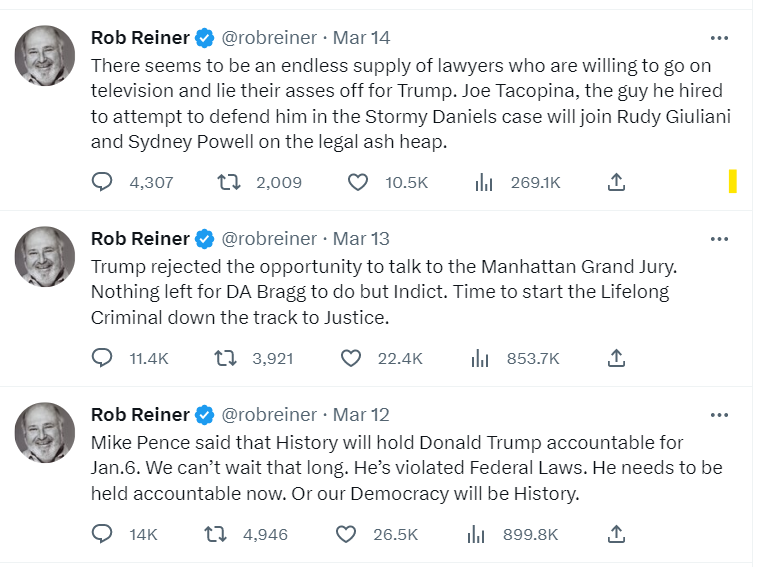 Screenshot: various anti-Trump tweets penned by hater Rob Reiner.