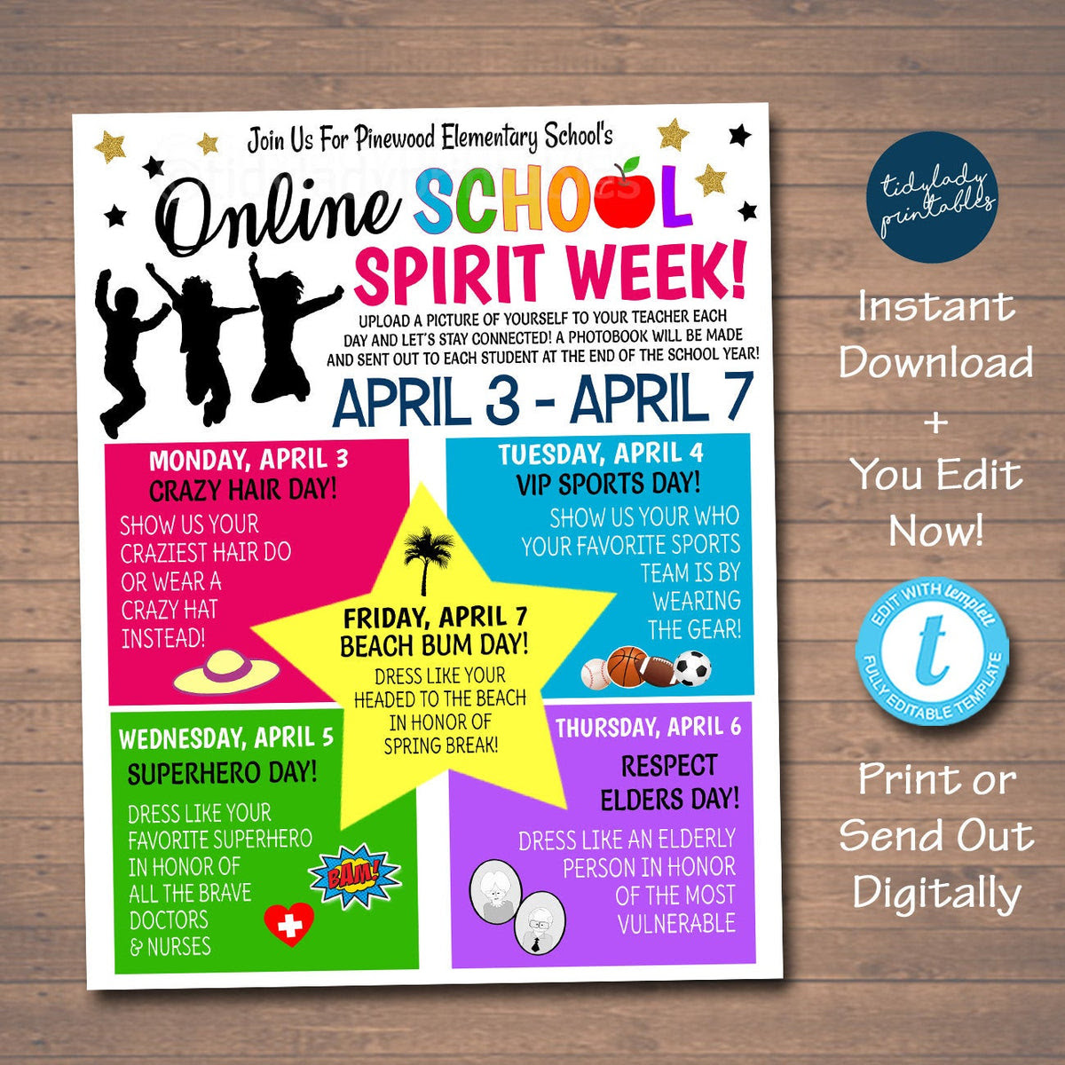 Virtual spirit week schedule, spirit week planner, online spirit week, pta fundraiser, itinerary poster, book week event flyer, template pto. Virtual Teacher Appreciation Week Tidylady Printables