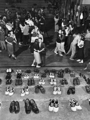 Shoeless Teenage Couples                   Dancing in HS Gym During a Sock Hop