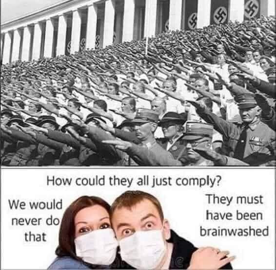 Meme showing masked couple complaining about people being brainwashed.