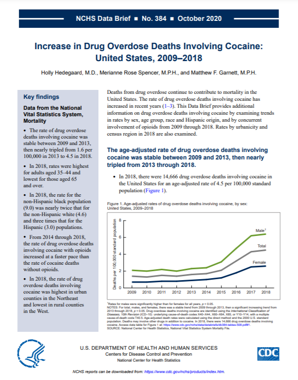 This is the report thumbnail for the Data Brief on Increase in Drug Overdose Deaths Involving Cocaine: United States, 2009–2018