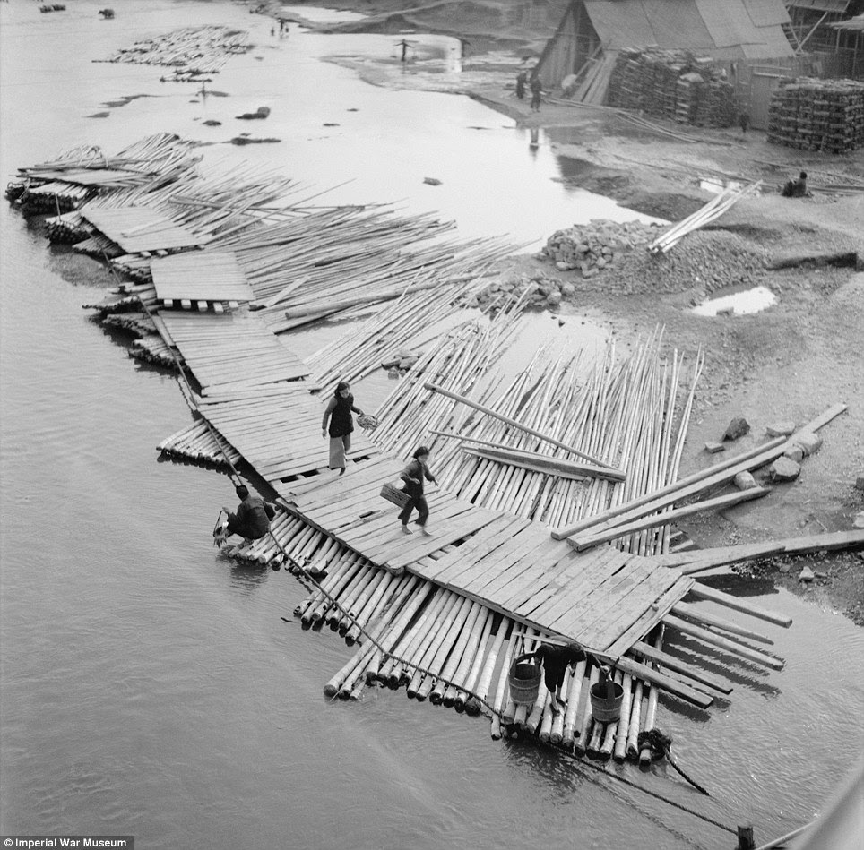 Villagers cross duckboards over floating bamboo poles in Kwangsi, China in 1944. The poles were soaked in fresh water to prepare them for construction use