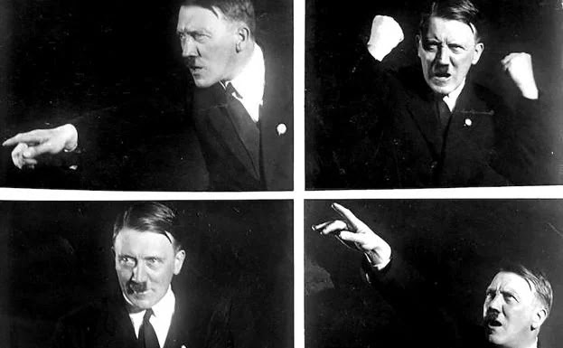 Adolf Hitler en cuatro tomas ante el micrófono con sus gestos típicos. :: Heinrich Hoffmann/