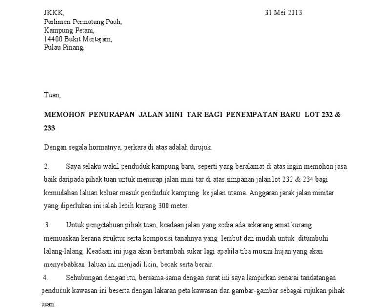 Contoh Surat Permohonan Naik Taraf Jalan  Contoh Surat