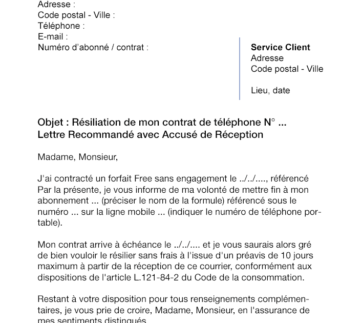 lettre résiliation abonnement mobile