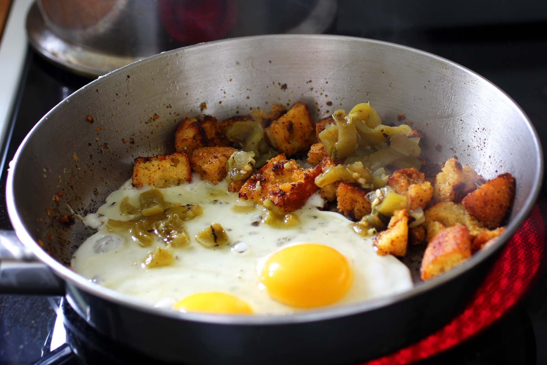 Stir or turn lightly to coat. Fried Cornbread And Green Chile Eggs Recipe Fiction